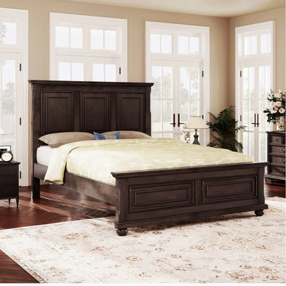 King bed frame in rich brown pinewood with tall headboard, traditional style on Tampa Home & Garden Store