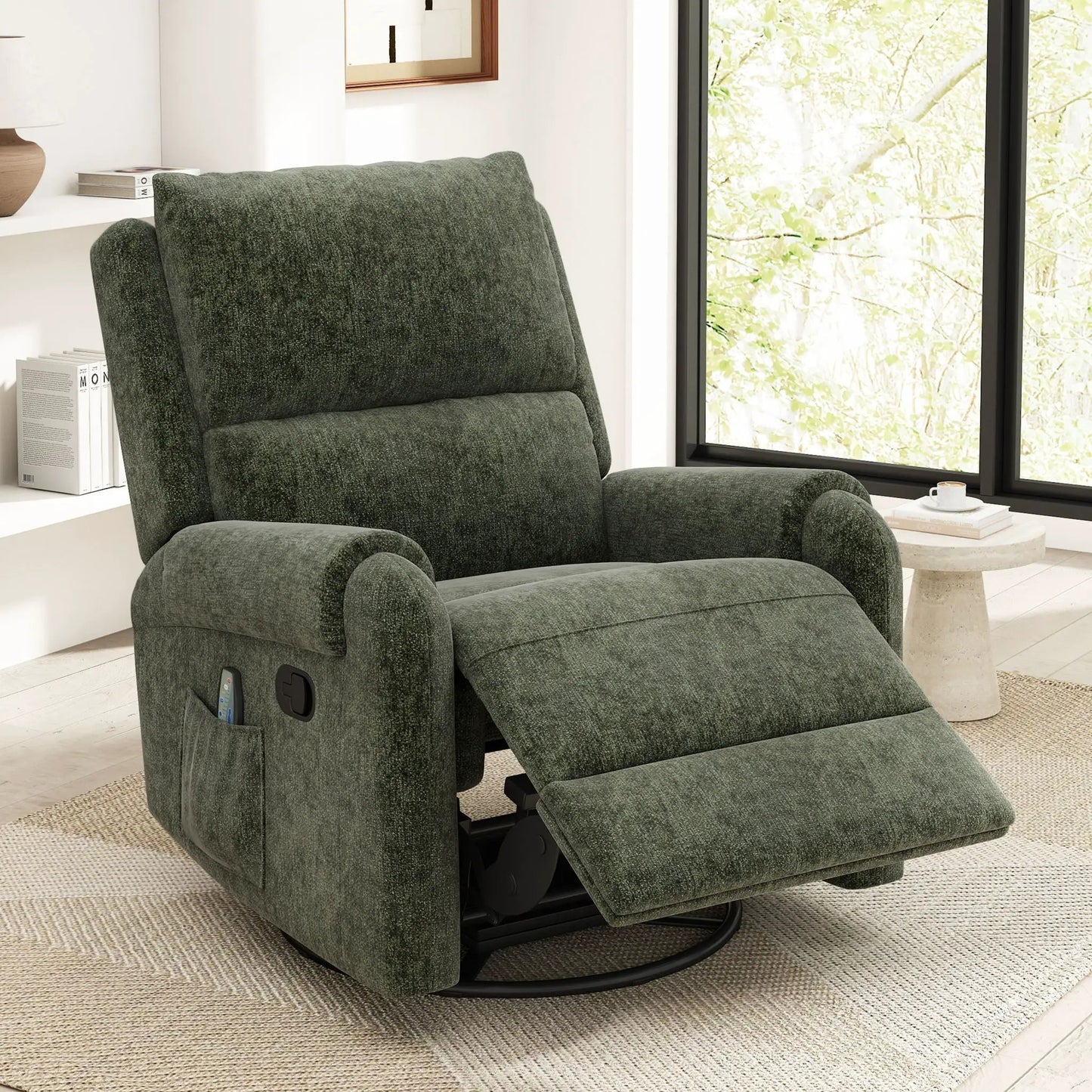 Manual recliner massage chair in dark green fabric with swivel rocker and storage pocket on Tampa Home & Garden Store