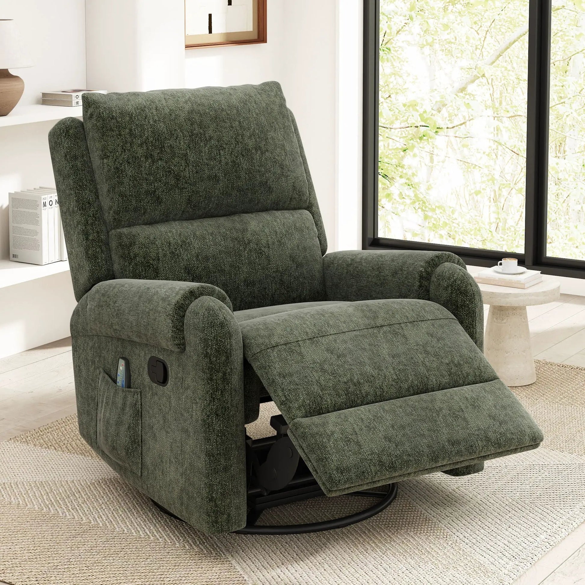 Manual recliner massage chair in dark green fabric with swivel rocker and storage pocket on Tampa Home & Garden Store