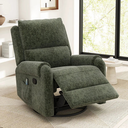 Manual recliner massage chair in dark green fabric with swivel rocker and storage pocket on Tampa Home & Garden Store