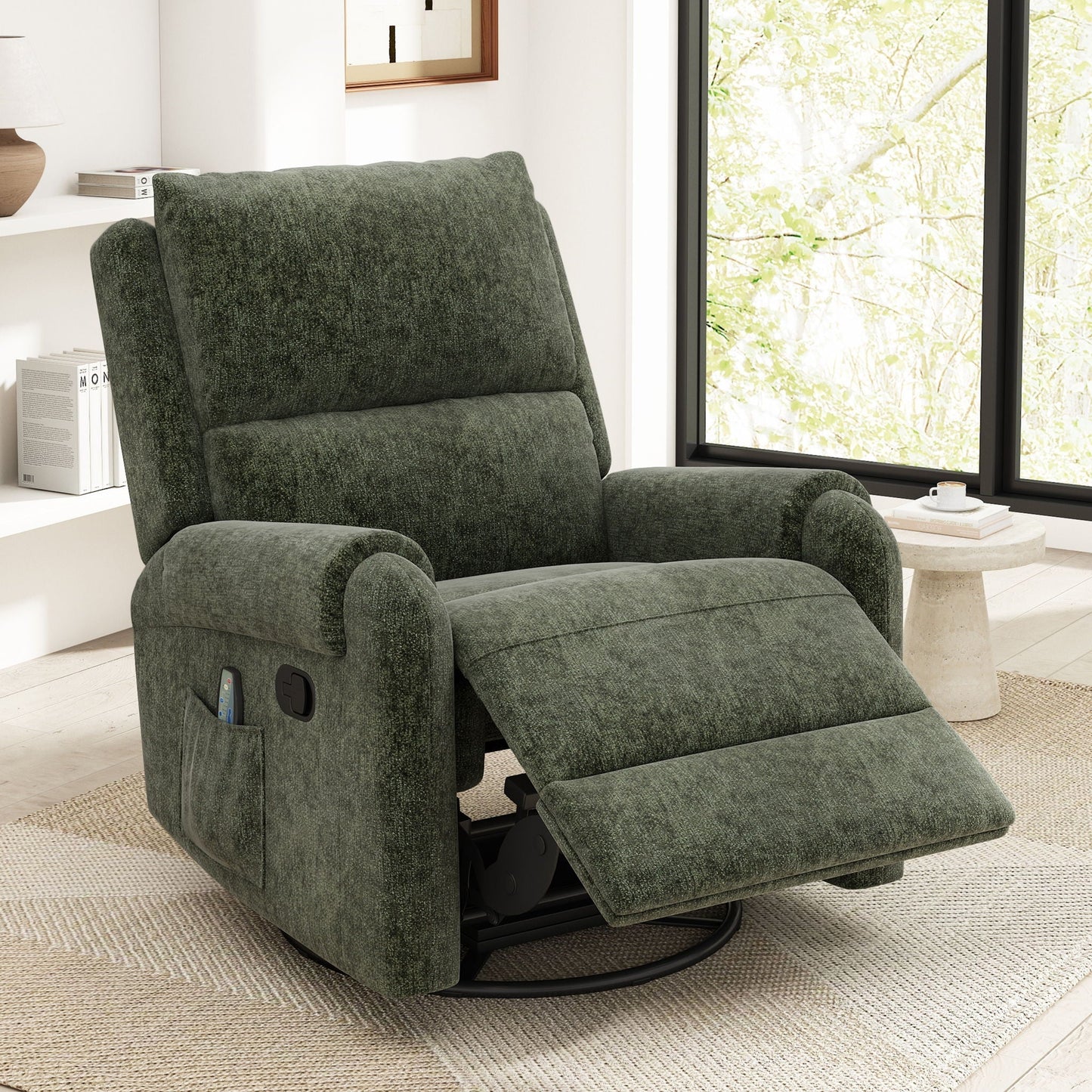 Manual recliner massage chair by HouseOfZazla in green textured fabric with side pocket on Tampa Home & Garden Store