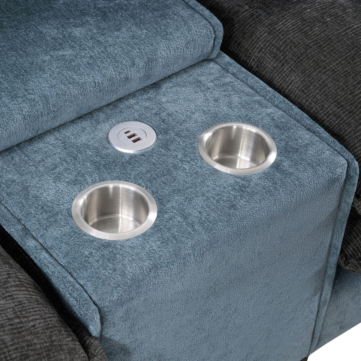 Sectional sofa with removable ottomans in gray/blue fabric with USB ports and cup holders on Tampa Home & Garden Store