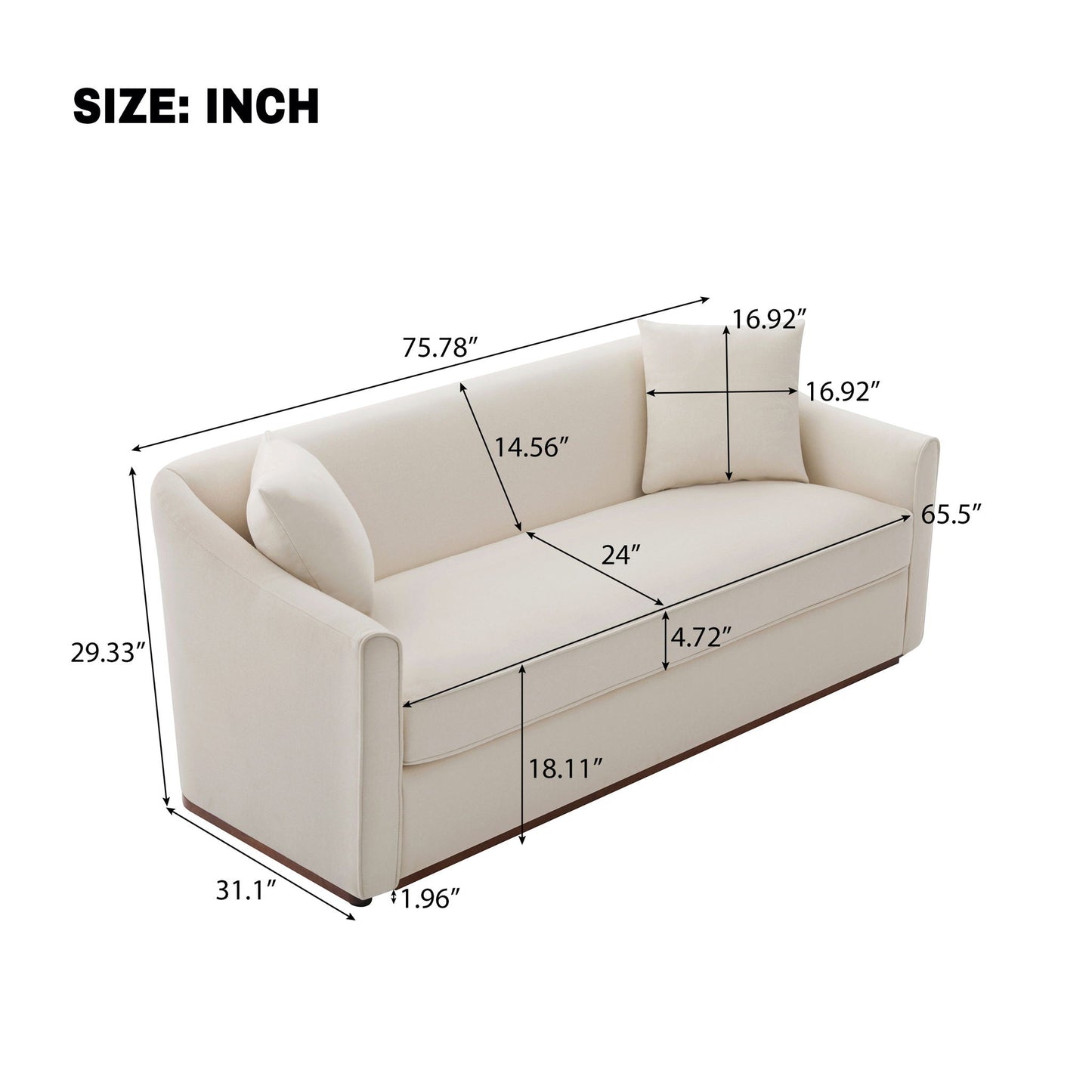 Modern 3 Seat Sofa With Chenille And Two Pillows