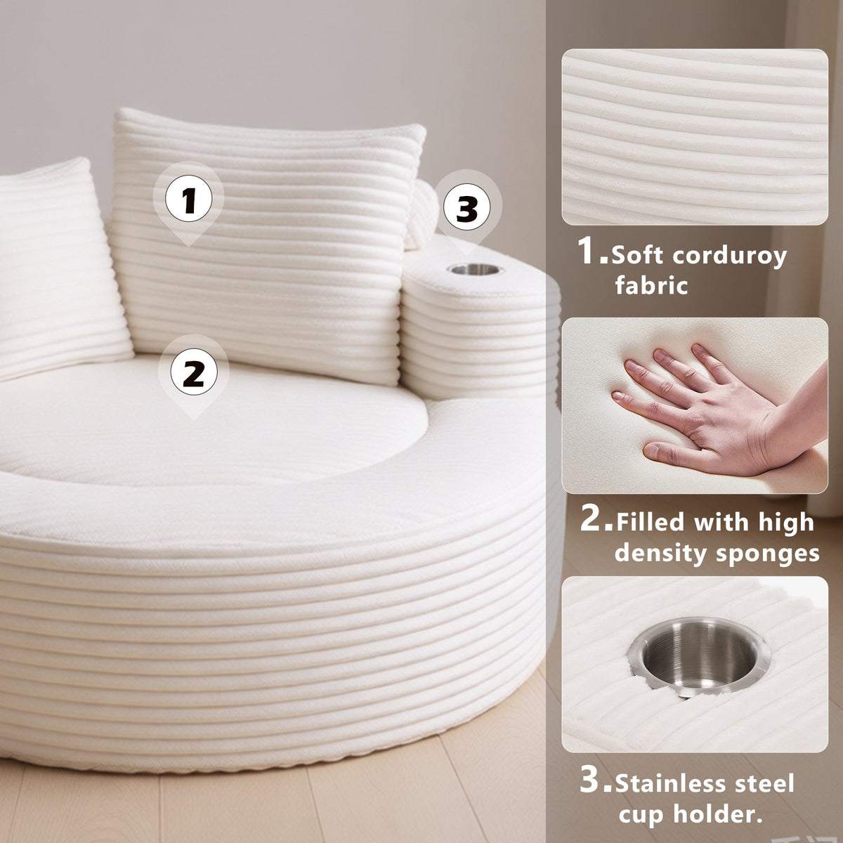 Round sofa bed with memory foam cushions in white corduroy fabric by HouseOfZazla on Tampa Home & Garden Store