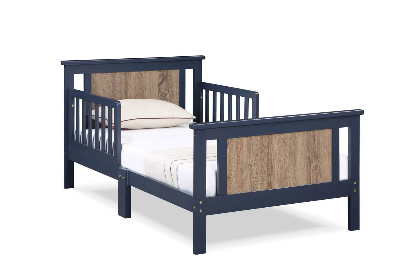 Connelly reversible panel toddler bed in navy blue with natural wood panels on Tampa Home & Garden Store
