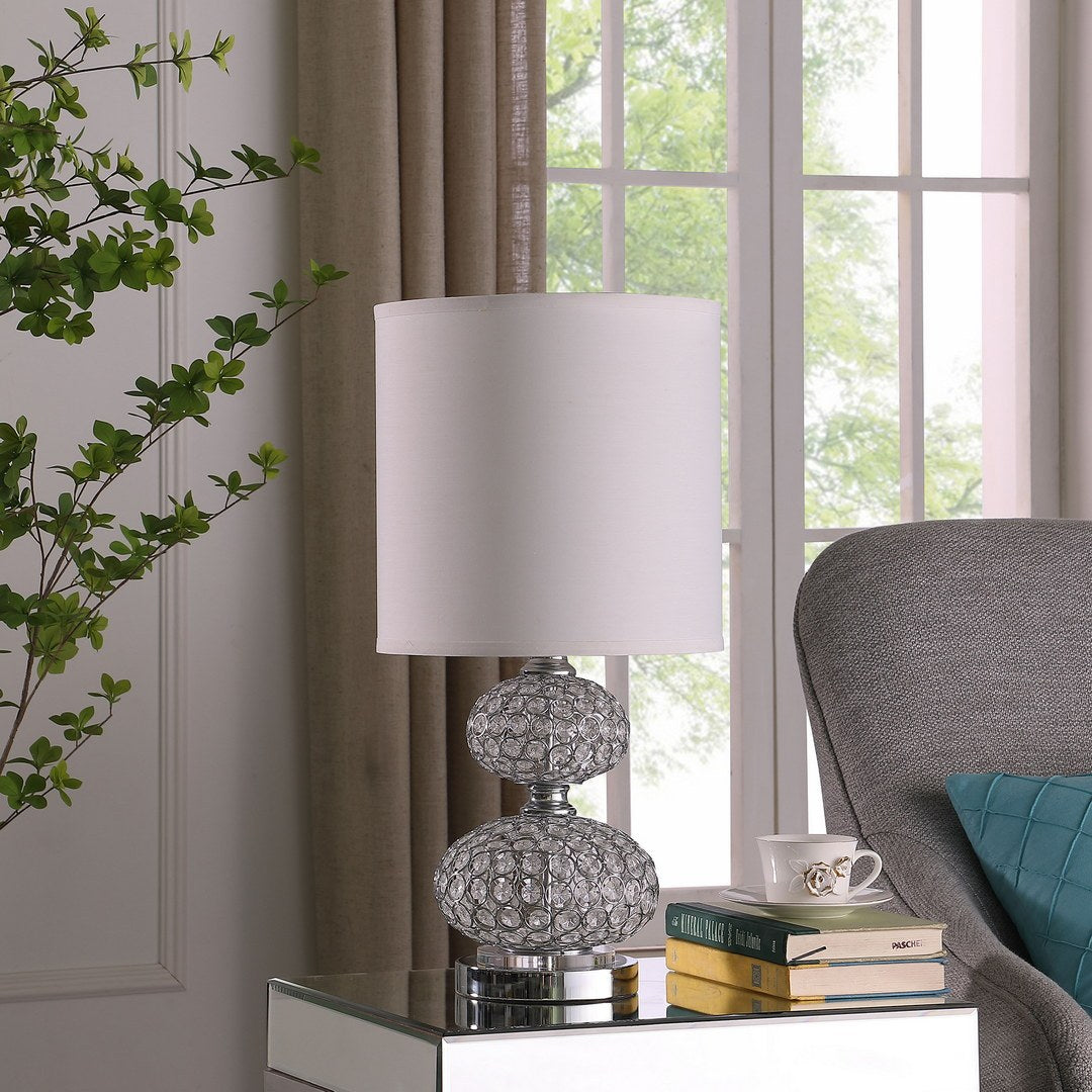 24-inch chrome filigree cage table lamp with glass orb base and white shade HouseOfZazla on Tampa Home & Garden Store