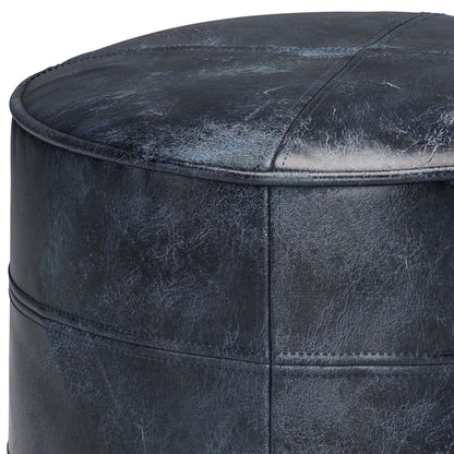 Handcrafted round leather pouf by HouseOfZazla in distressed leather with stitched panels on Tampa Home & Garden Store