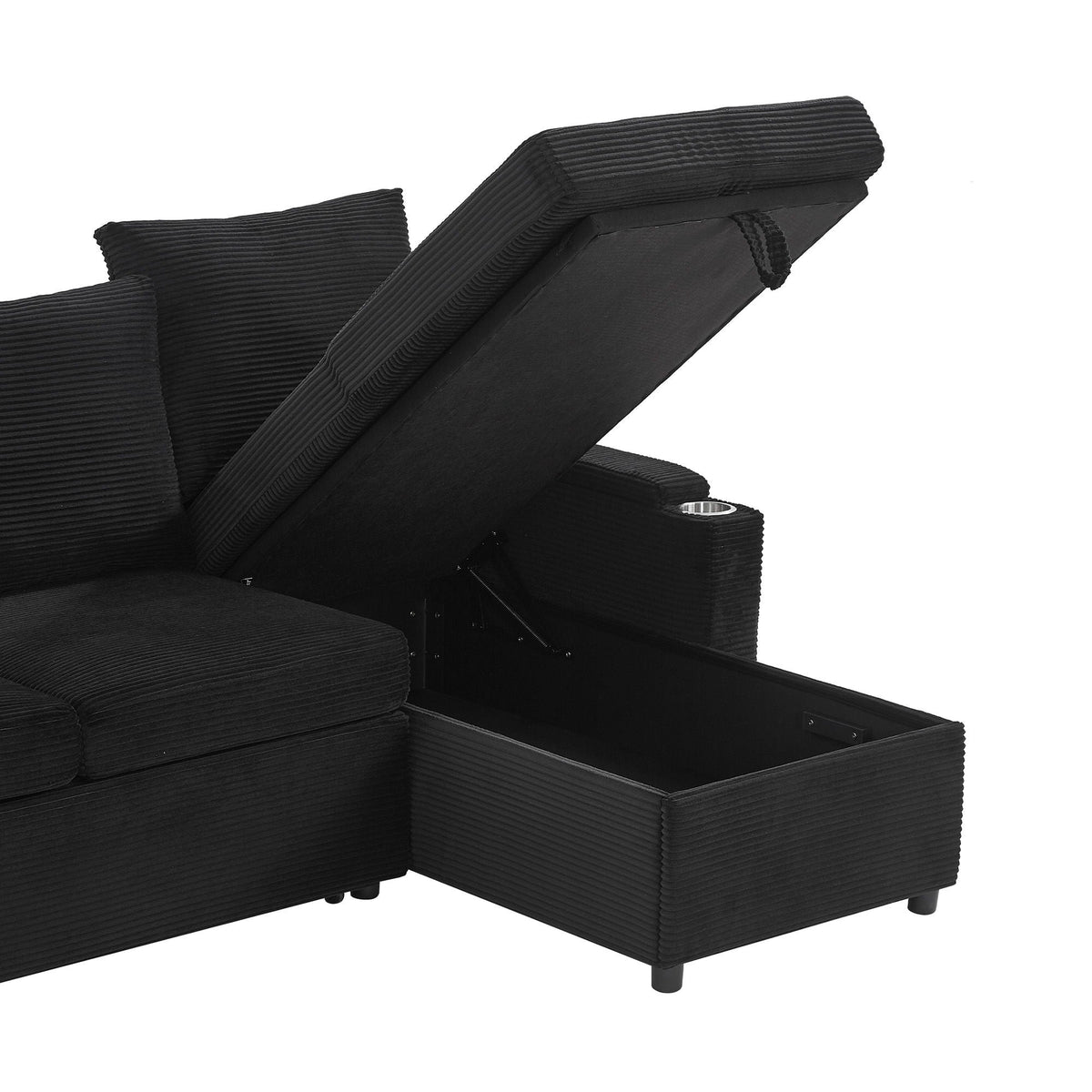 U-shaped sleeper sectional ottoman with storage in black corduroy fabric by HouseOfZazla on Tampa Home & Garden Store
