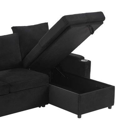 U-shaped sleeper sectional ottoman with storage in black corduroy fabric by HouseOfZazla on Tampa Home & Garden Store