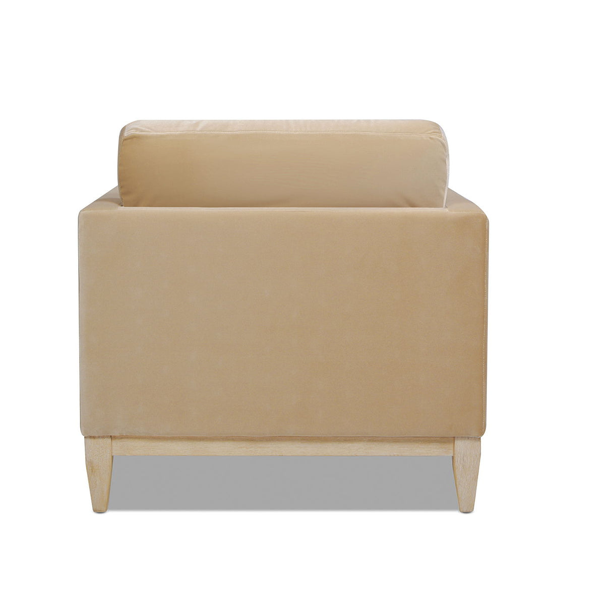 HouseOfZazla Modern Farmhouse Arm Chair in tan faux leather with wood legs and back cushion on Tampa Home & Garden Store