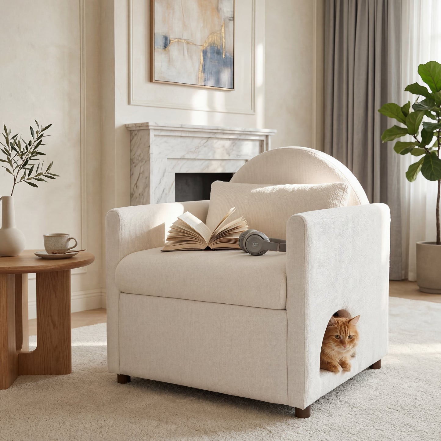 Beige pet-friendly accent chair with hidden pet nook; cat peeks from beneath by HouseOfZazla on Tampa Home & Garden Store