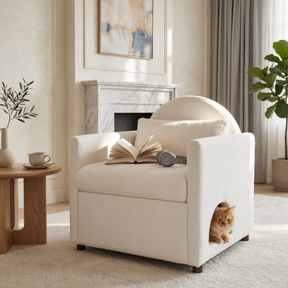 Beige pet-friendly accent chair with hidden pet nook; cat peeks from beneath by HouseOfZazla on Tampa Home & Garden Store