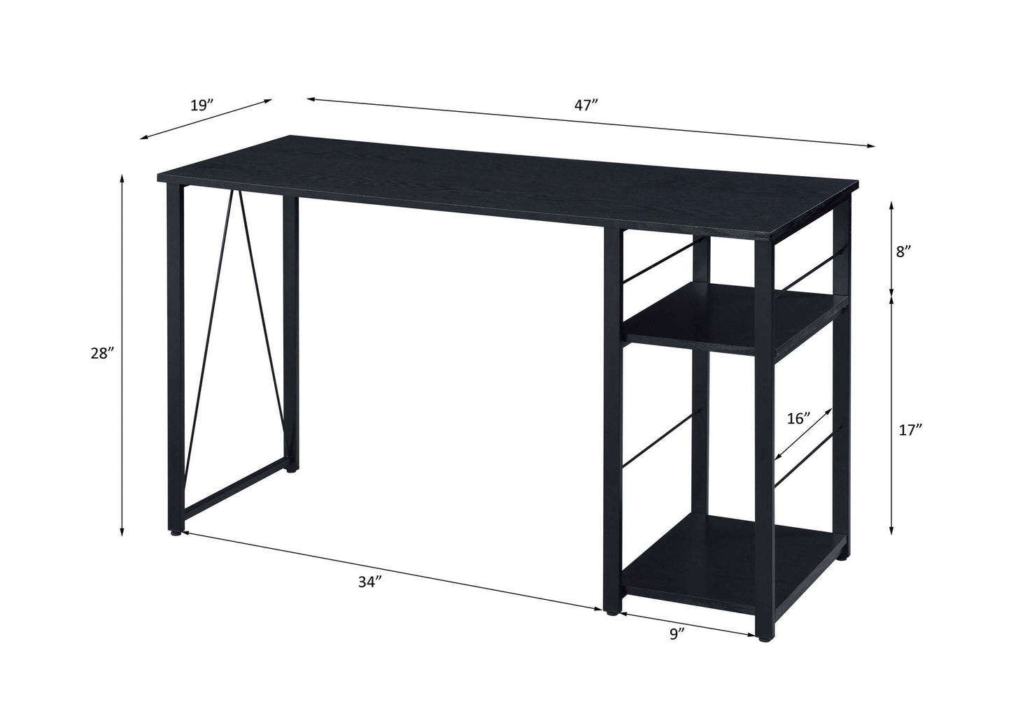 Vadna Writing Desk by HouseOfZazla, black wood top with metal frame and right-side shelf on Tampa Home & Garden Store