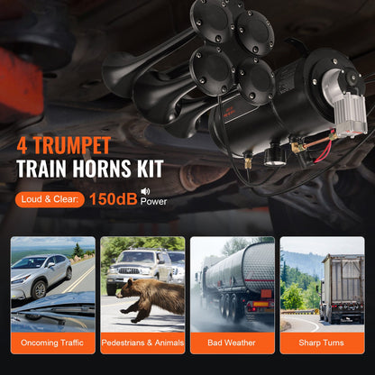 Train Horns Kit, 4-trumpet air horn system in black, 150dB for pickup trucks, HouseOfZazla on Tampa Home & Garden Store