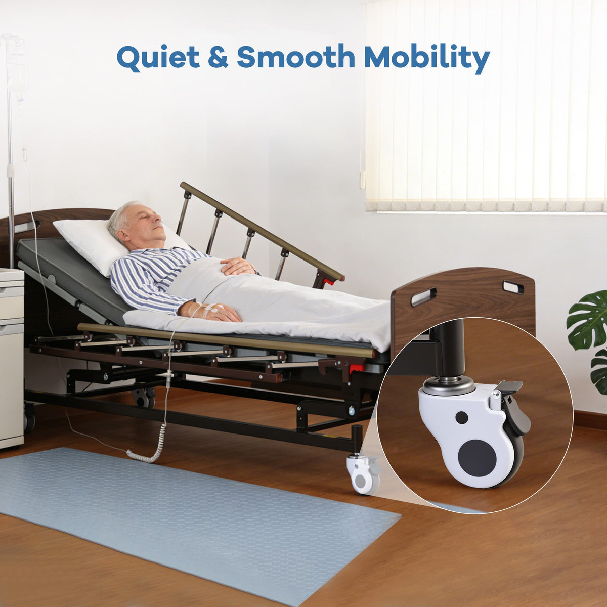 HouseOfZazla electric hospital bed for home care with dark wood headboard and side rails on Tampa Home & Garden Store