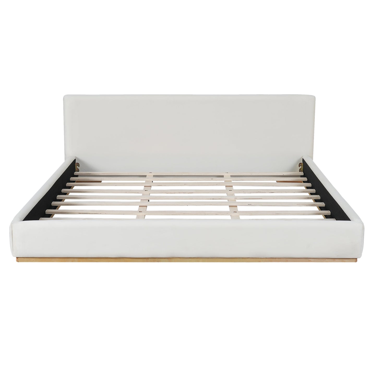 Elegant white upholstered king bed with solid wood frame and slatted base on Tampa Home & Garden Store