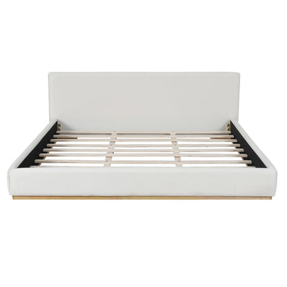 Elegant white upholstered king bed with solid wood frame and slatted base on Tampa Home & Garden Store