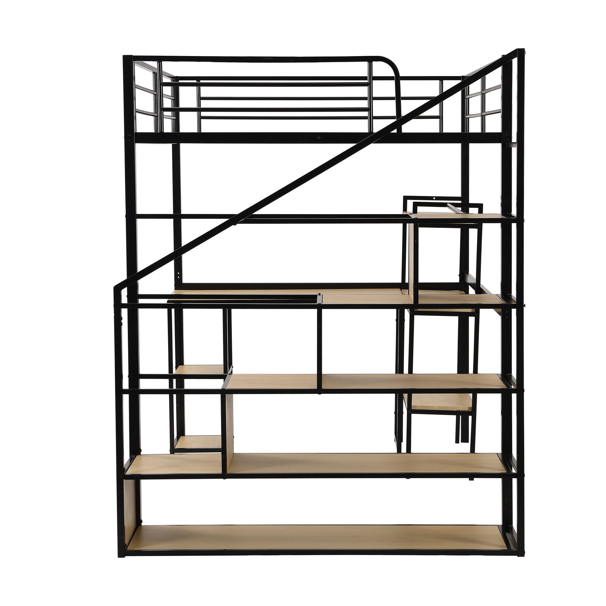 HouseOfZazla full-size loft bed with staircase, built-in desk and shelves, black metal frame on Tampa Home & Garden Store