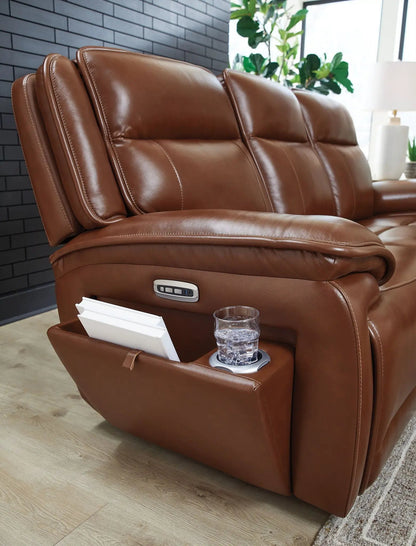 Healy Pier reclining sofa set by Unique Piece Furniture in brown leather with cup holder on Tampa Home & Garden Store