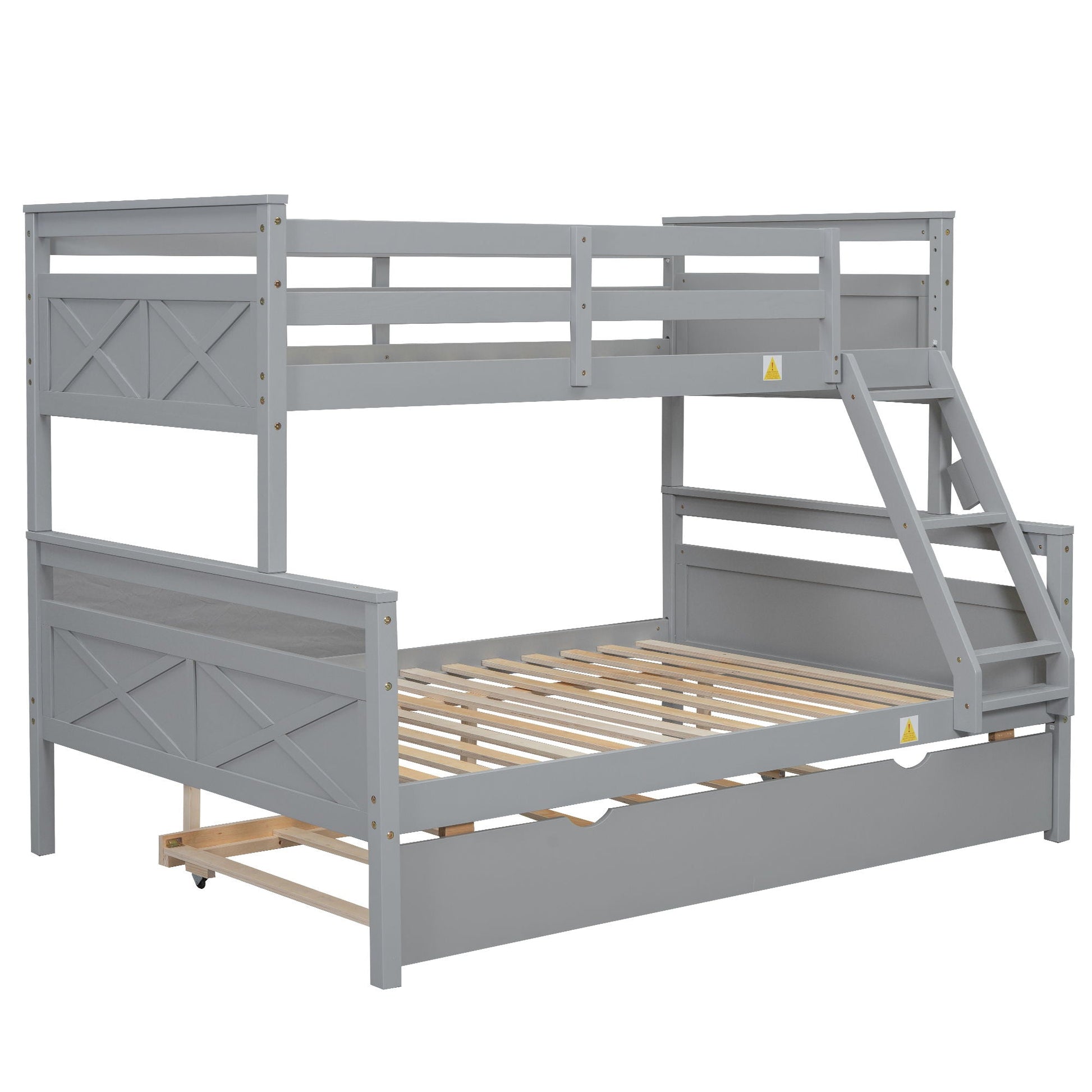 Gray wooden bunk bed frame with ladder and safety guardrails, slatted bottom bed on Tampa Home & Garden Store