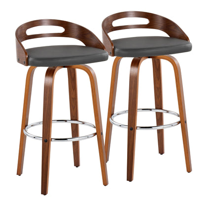 Pair of fixed-height barstools with swivel, dark brown wood and gray cushions, chrome ring on Tampa Home & Garden Store