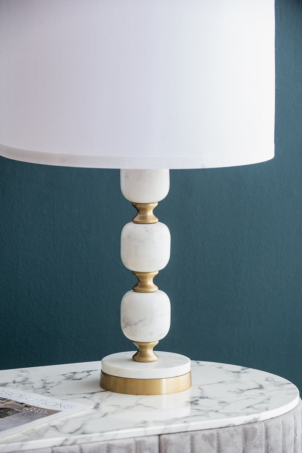 D15x26.5 Table Lamp white marble baluster base with brass accents and white fabric shade on Tampa Home & Garden Store