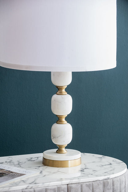 D15x26.5 Table Lamp white marble baluster base with brass accents and white fabric shade on Tampa Home & Garden Store