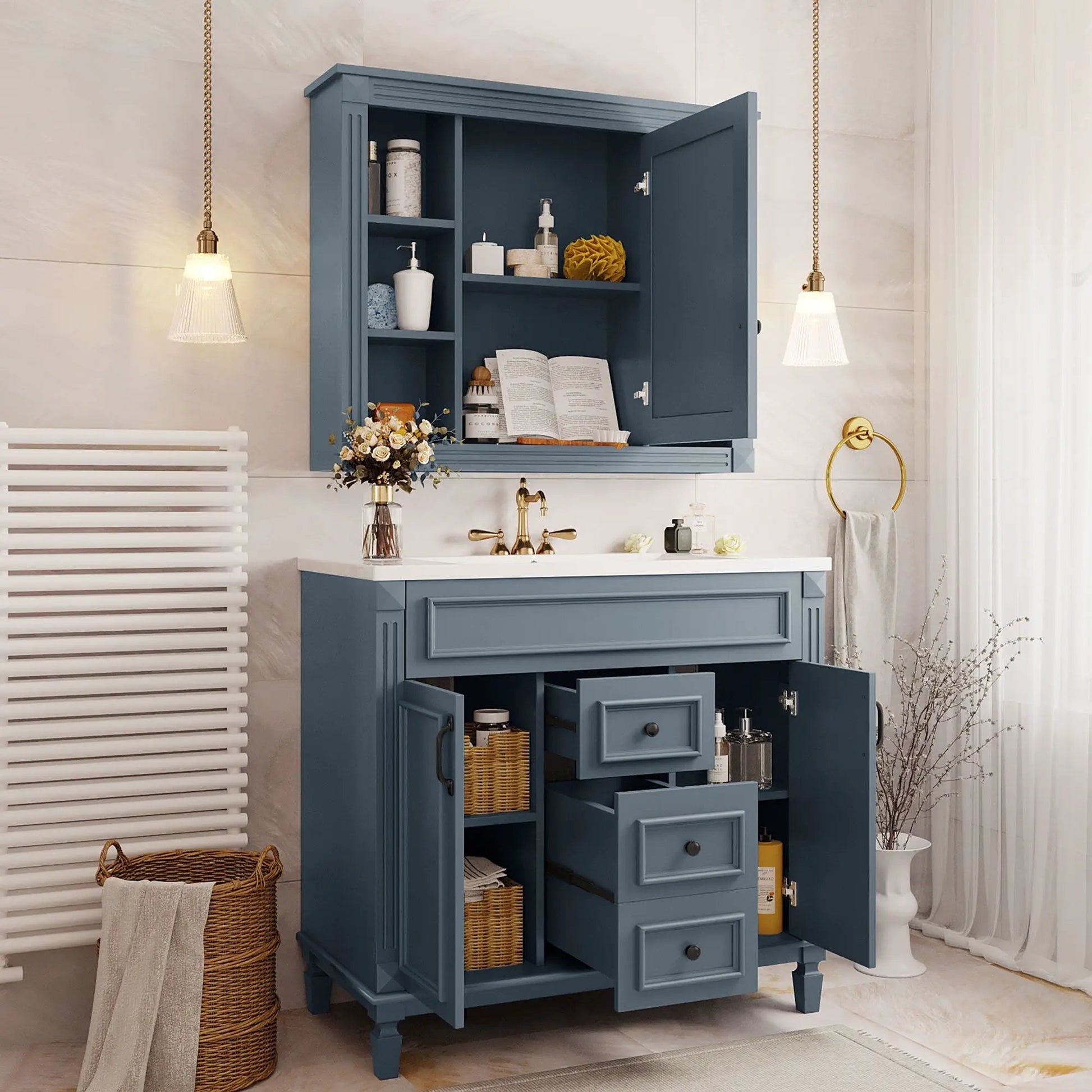 Blue bathroom vanity with top sink and mirror cabinet, 2 soft-closing doors and 2 drawers on Tampa Home & Garden Store