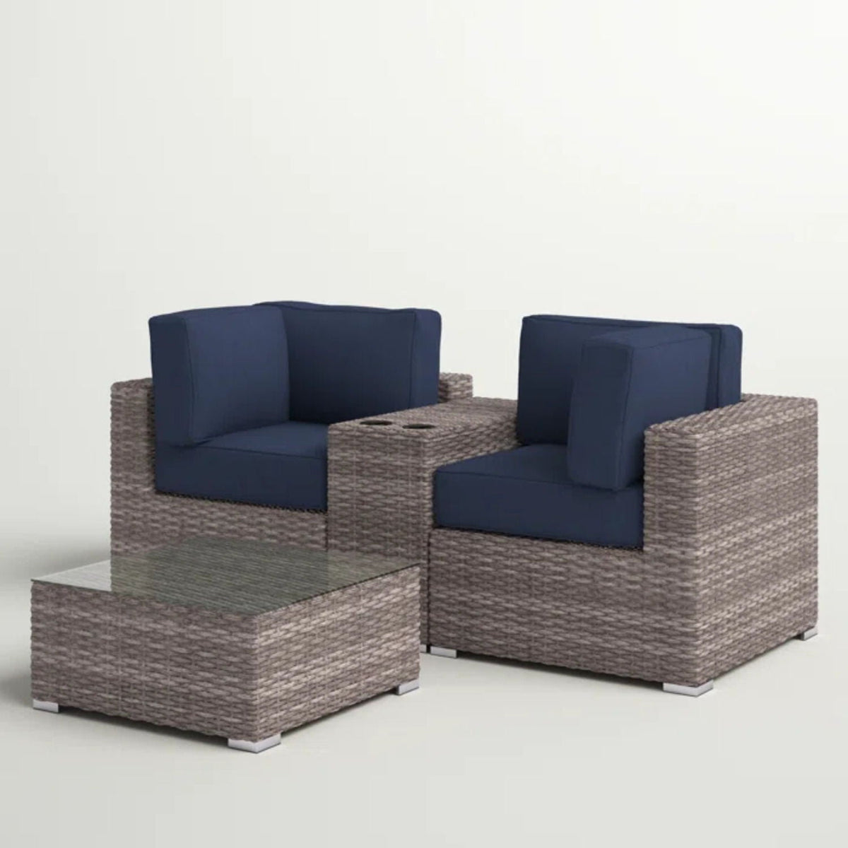 3-piece wicker outdoor seating set with navy cushions and coffee table HouseOfZazla on Tampa Home & Garden Store