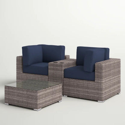 3-piece wicker outdoor seating set with navy cushions and coffee table HouseOfZazla on Tampa Home & Garden Store