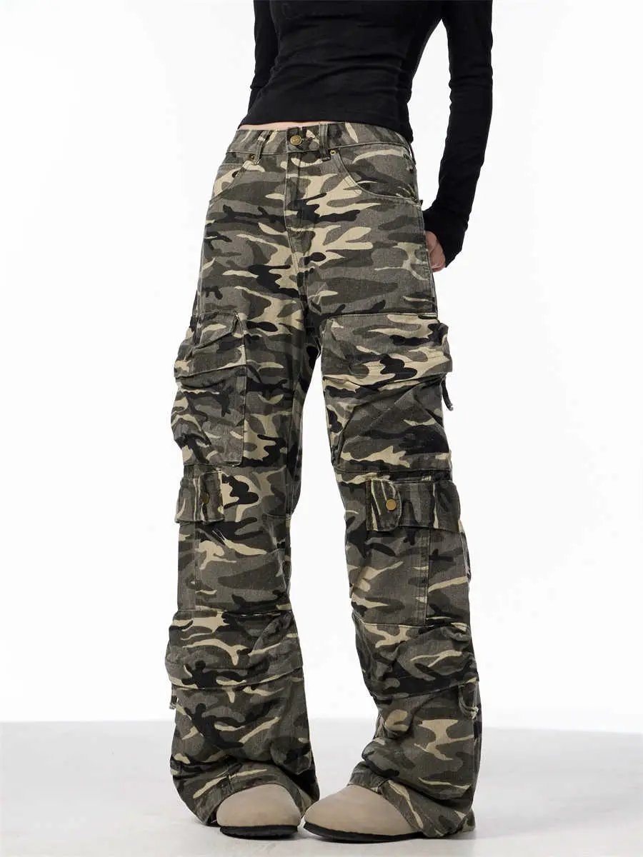 Camouflage cargo pants women's loose wide-leg jeans, by FLIPSTYLEZLLC with cargo pockets on Tampa Home & Garden Store