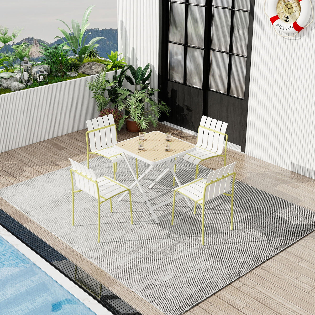 5 Piece Outdoor Dining Set with Folding Table in yellow and white by HouseOfZazla on Tampa Home & Garden Store