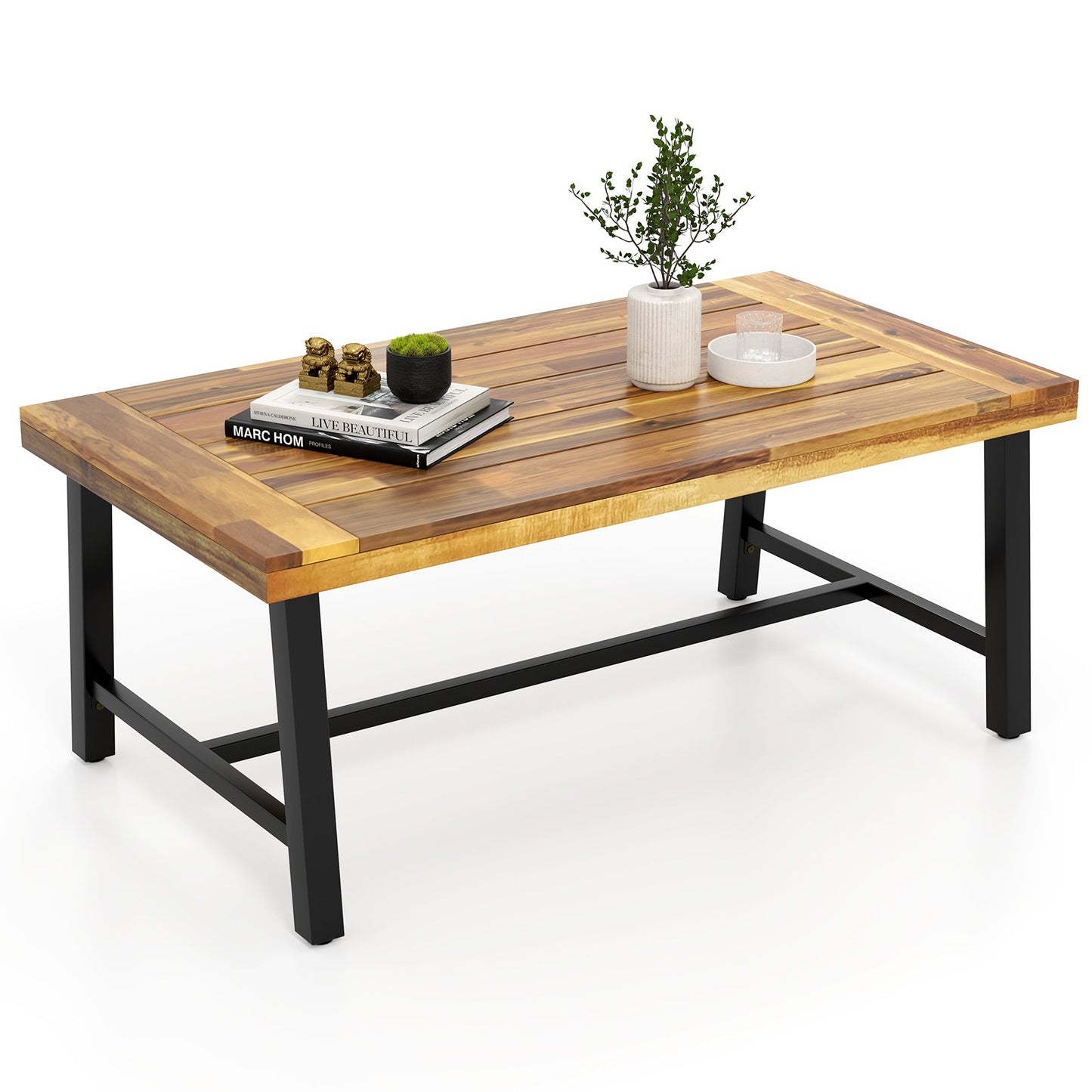 Mesa de centro de madera de acacia con tapa engrosada y patas metálicas de alta resistencia