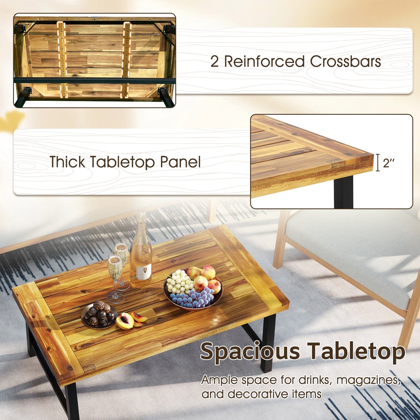 Mesa de centro de madera de acacia con tapa engrosada y patas metálicas de alta resistencia
