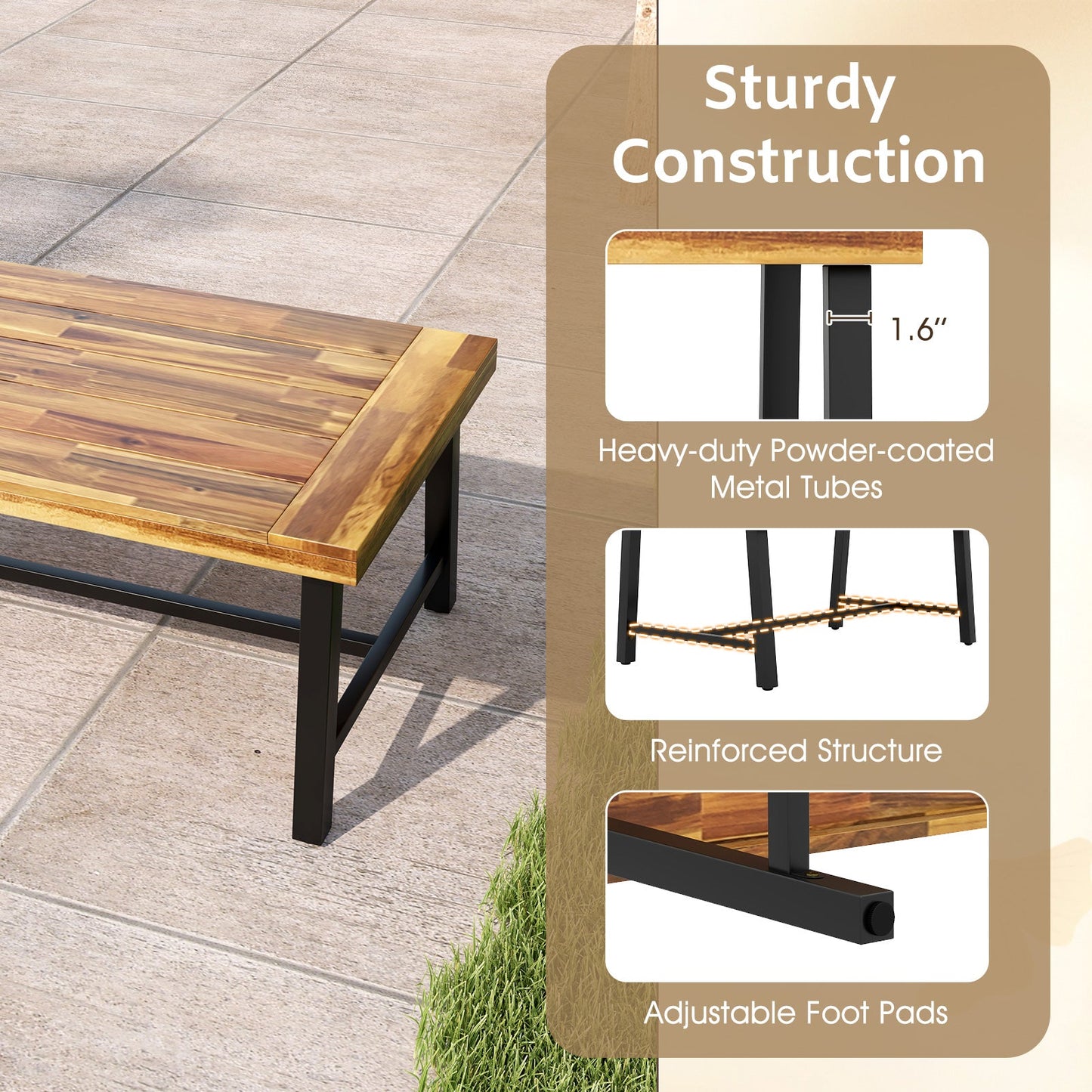 Mesa de centro de madera de acacia con tapa engrosada y patas metálicas de alta resistencia