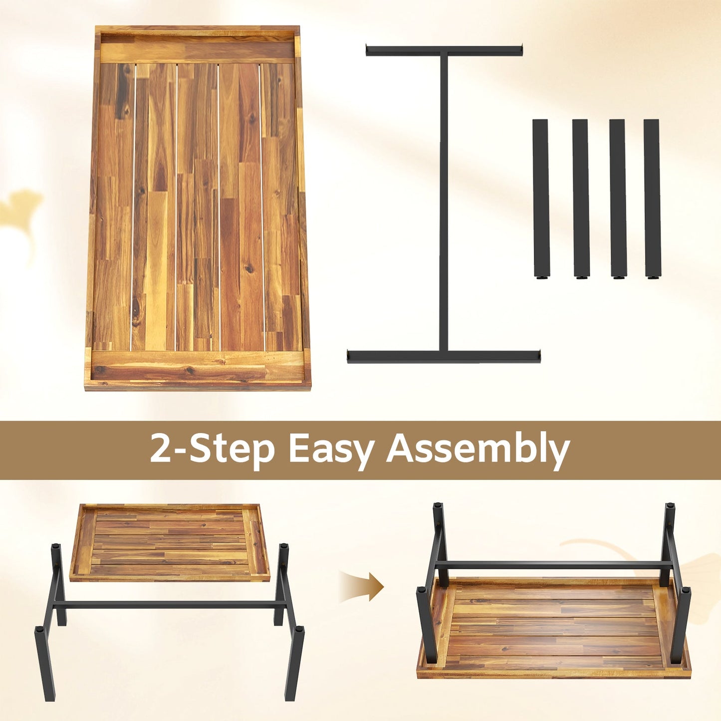 Mesa de centro de madera de acacia con tapa engrosada y patas metálicas de alta resistencia