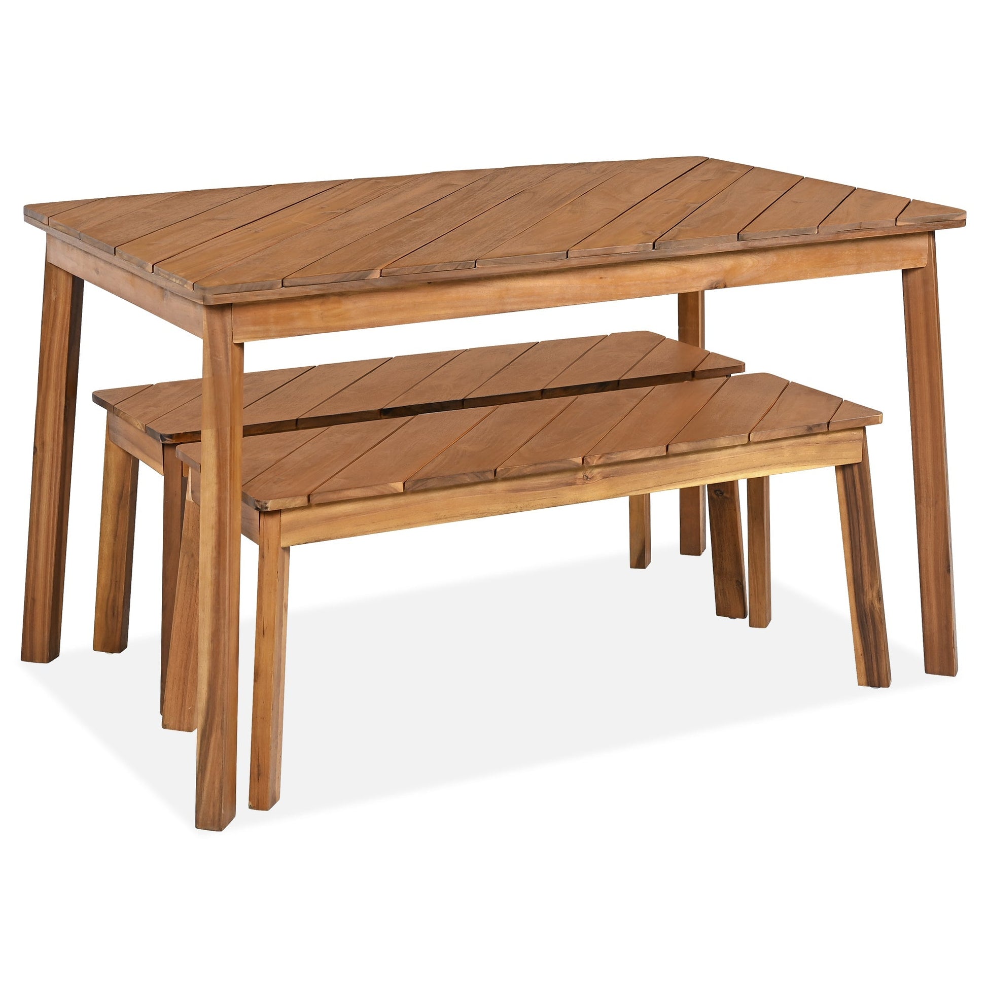 Go 3-Piece Acacia Wood Outdoor Table Bench Dining Set with warm brown finish and slatted tops on Tampa Home & Garden Store