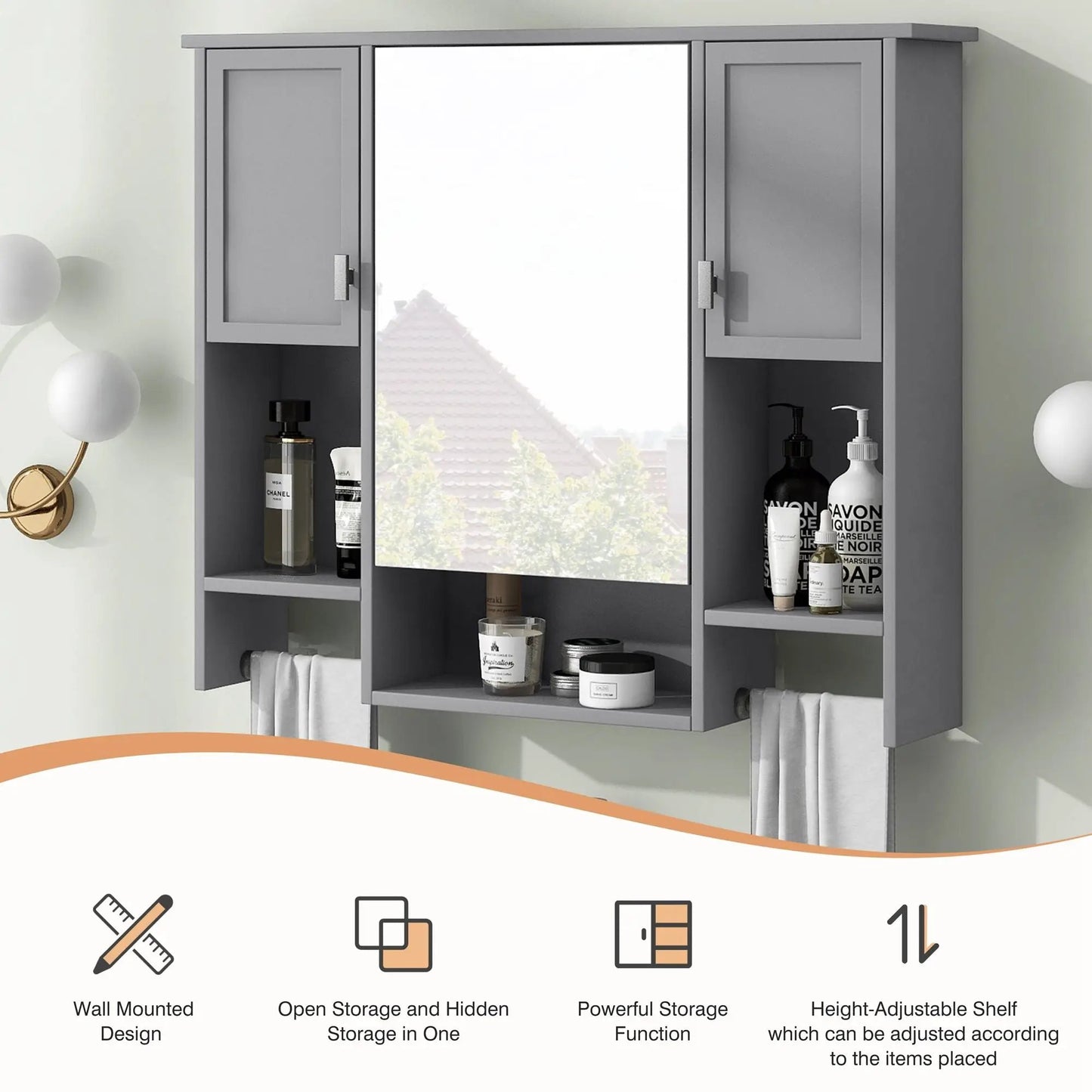 Gray wall-mounted medicine cabinet with mirror and towel bar; open storage shelves on Tampa Home & Garden Store