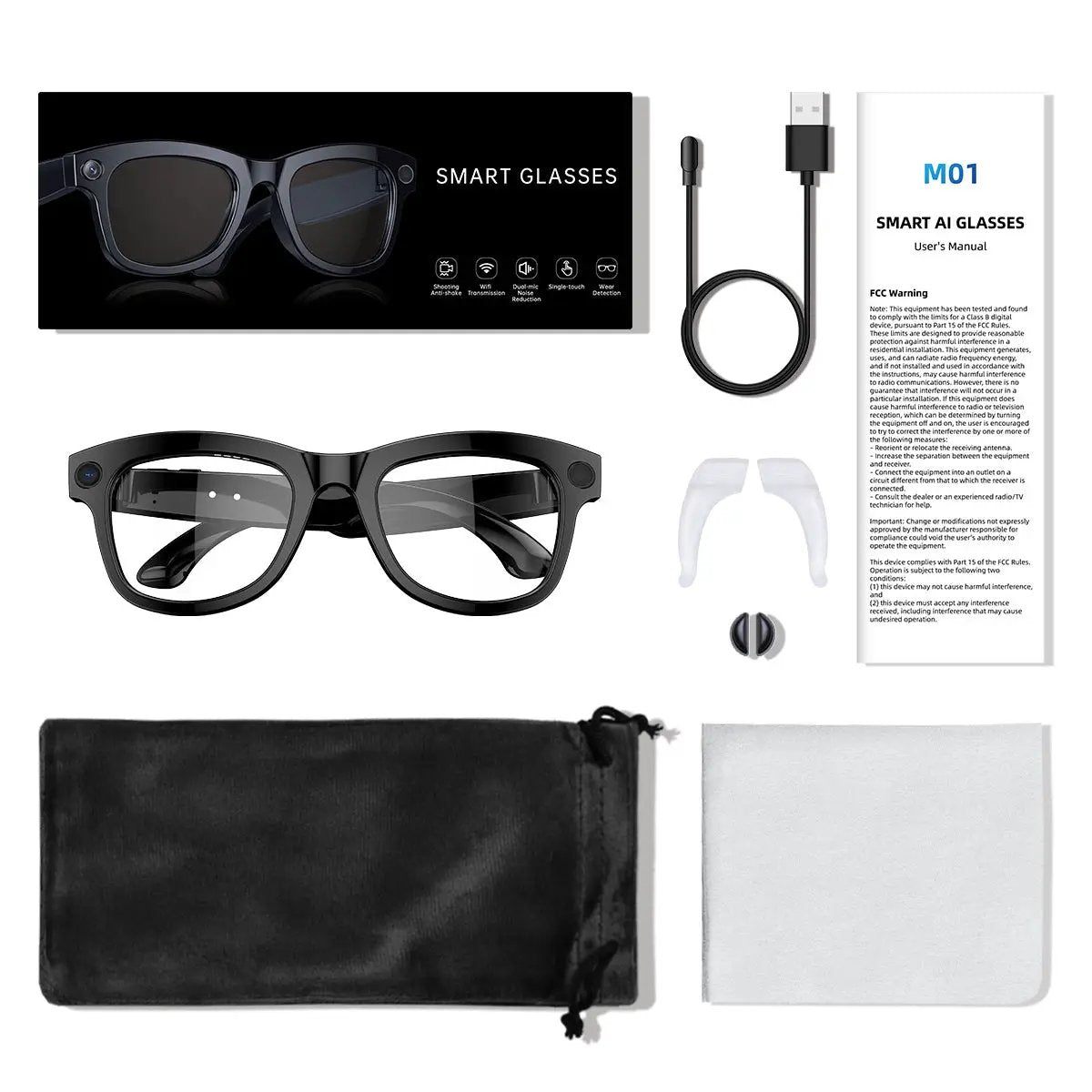 M01 HD camera smart glasses kit by FLIPSTYLEZLLC: black frame, USB-C cable, manual on Tampa Home & Garden Store