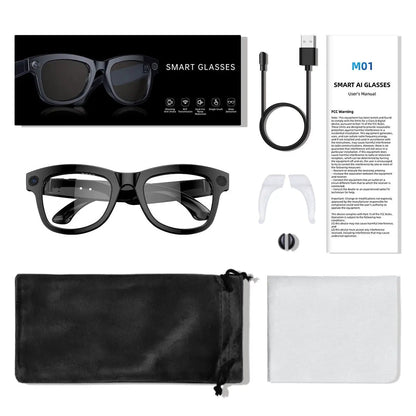 M01 HD camera smart glasses kit by FLIPSTYLEZLLC: black frame, USB-C cable, manual on Tampa Home & Garden Store