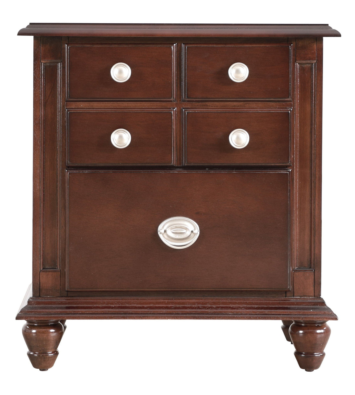 Cappuccino accent nightstand with real wood veneers and durable drawers, silver pulls on Tampa Home & Garden Store