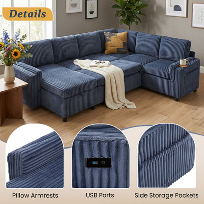 HouseOfZazla blue corduroy U-shaped sectional sofa with USB ports and side storage pockets on Tampa Home & Garden Store
