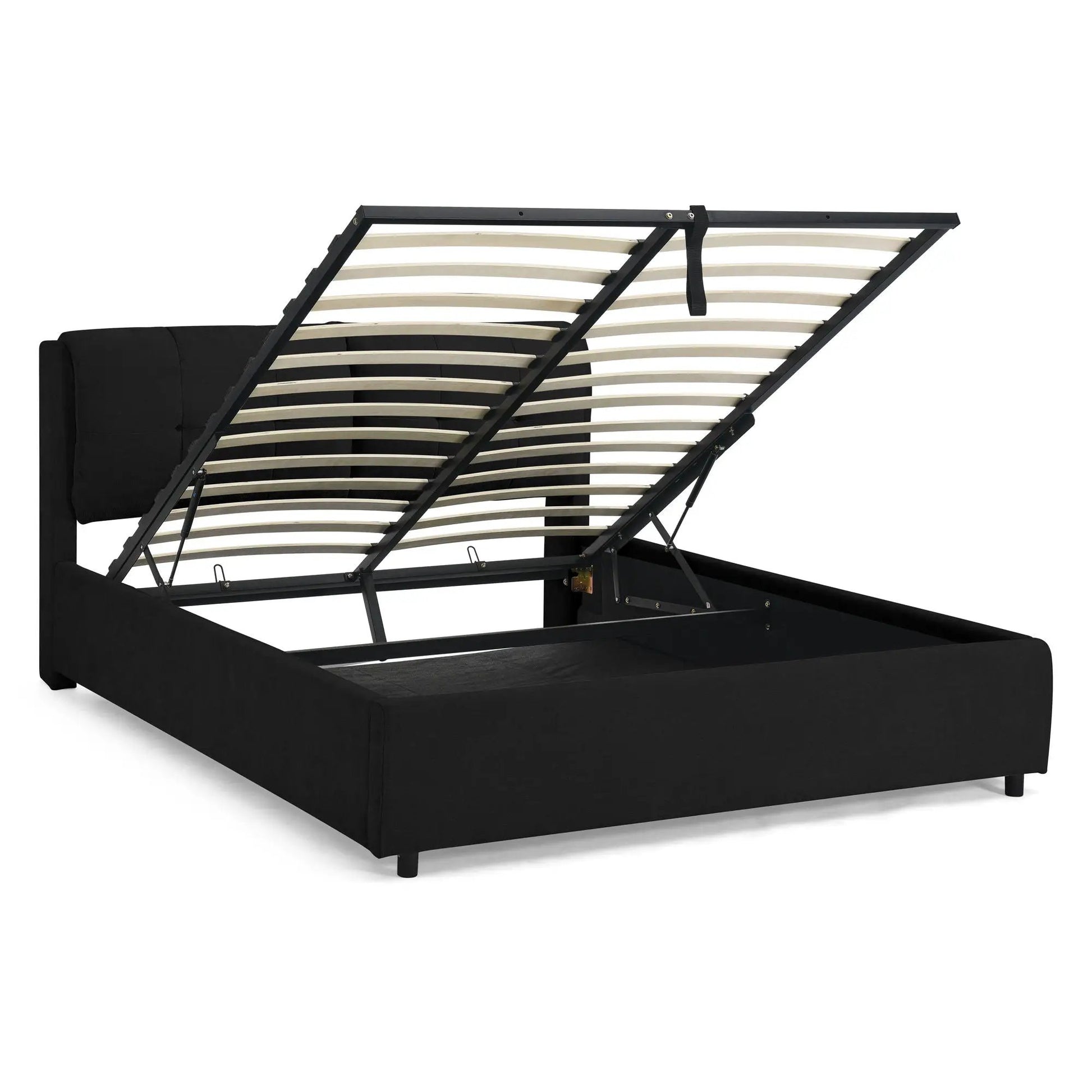 Storage hydraulic platform bed with integrated headboard in black fabric on Tampa Home & Garden Store