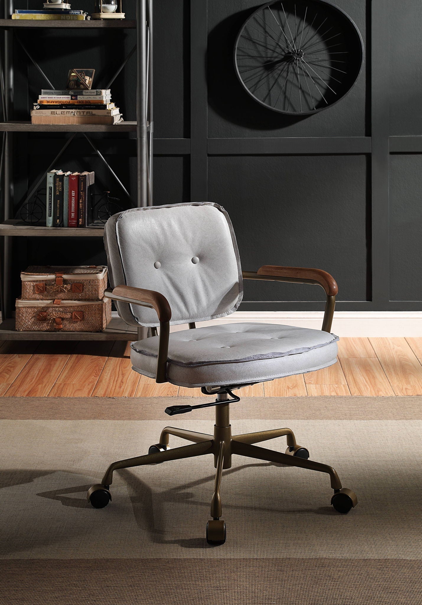 Siecross Top Grain Leather Office Chair gray leather, swivel with wood arms HouseOfZazla on Tampa Home & Garden Store