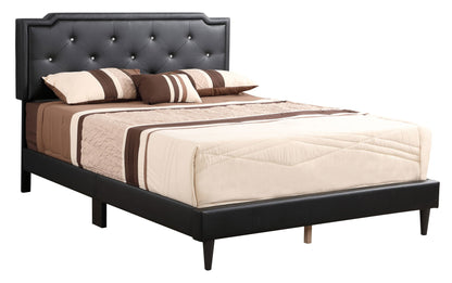 Button tufted upholstered bed with black faux leather headboard and beige-brown quilt on Tampa Home & Garden Store