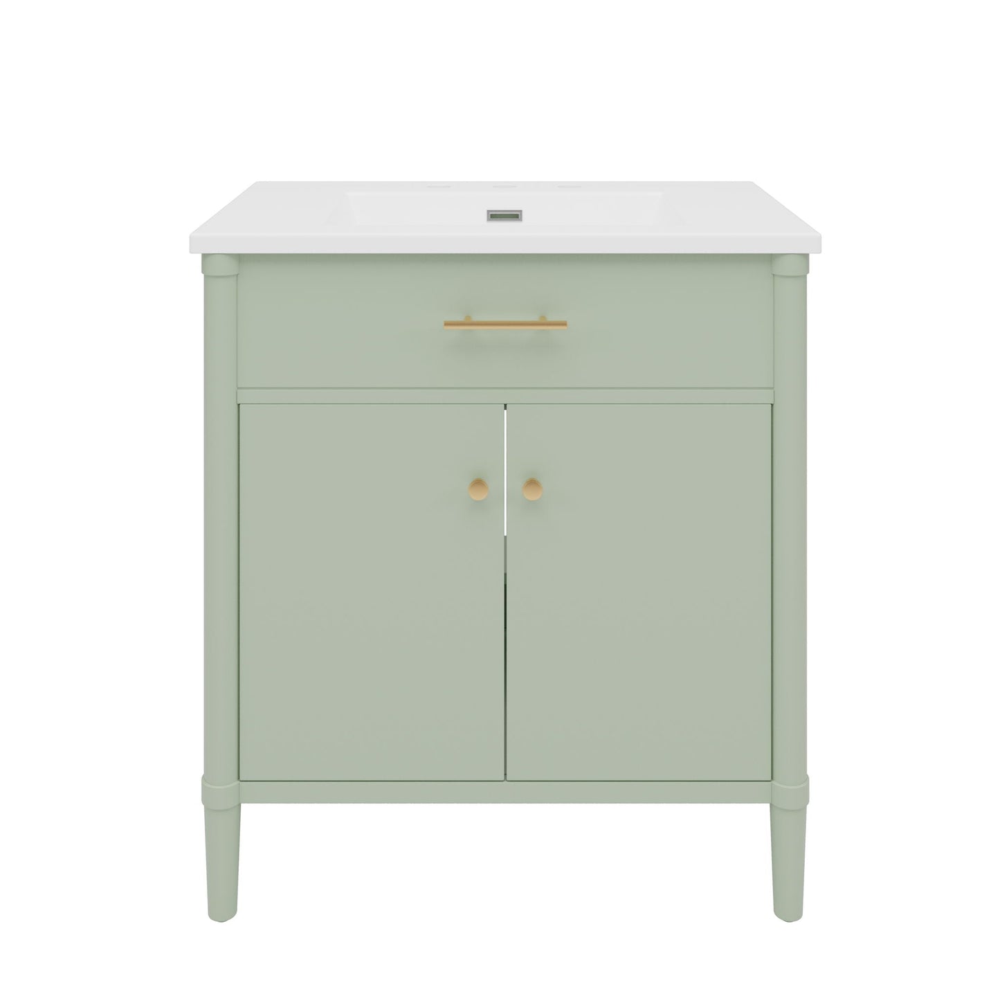 Bathroom vanity with sink in sage green, white countertop and gold hardware on Tampa Home & Garden Store