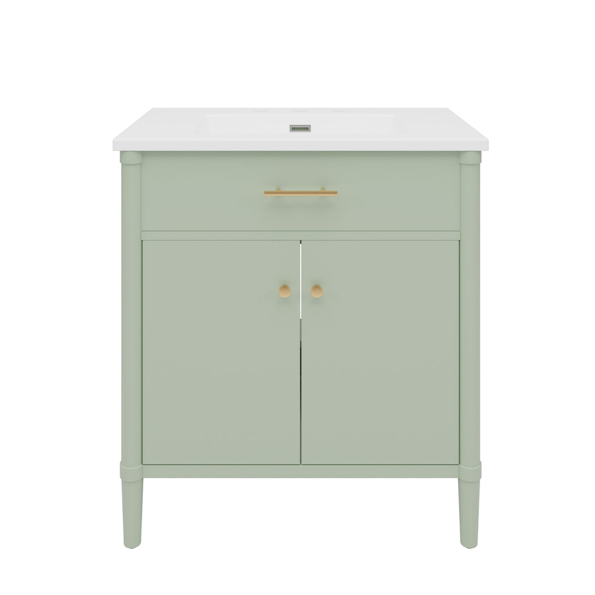 Bathroom vanity with sink in sage green, white countertop and gold hardware on Tampa Home & Garden Store