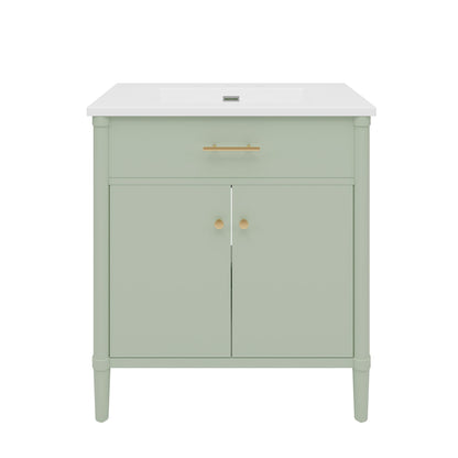 Bathroom vanity with sink in sage green, white countertop and gold hardware on Tampa Home & Garden Store