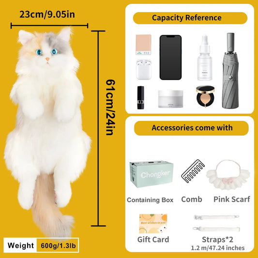Fairy Light Calico Cat Backpack plush by Chongker Creative, fluffy calico cat with blue eyes on Tampa Home & Garden Store