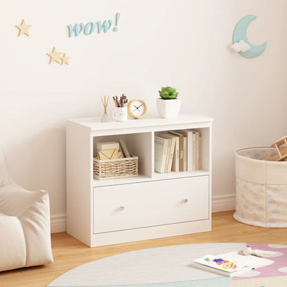 Toy storage organizer with large drawer and low bookshelf, white for nursery playroom on Tampa Home & Garden Store